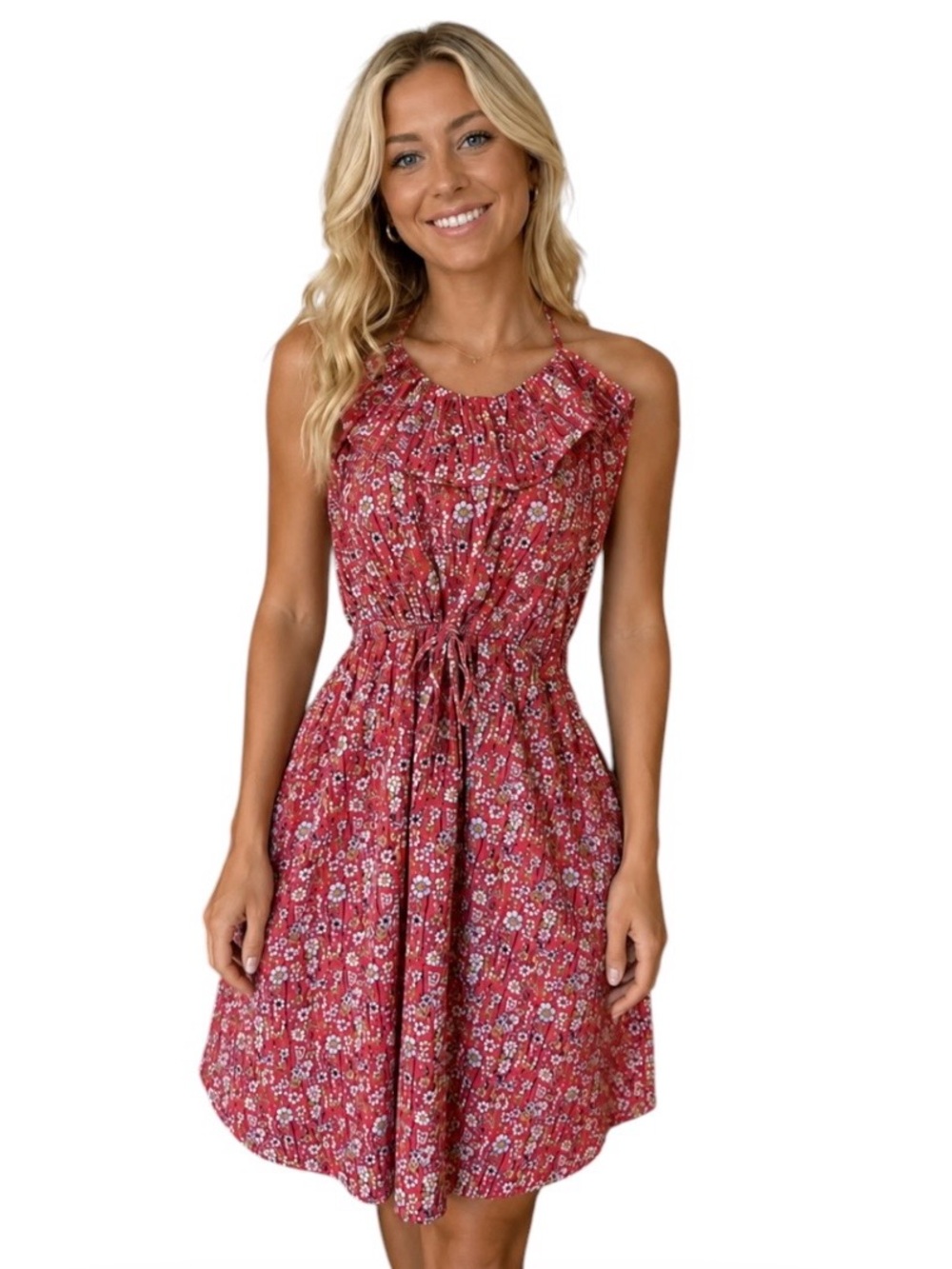 Red Floral Liberty Halter Dress with Tie Belt M